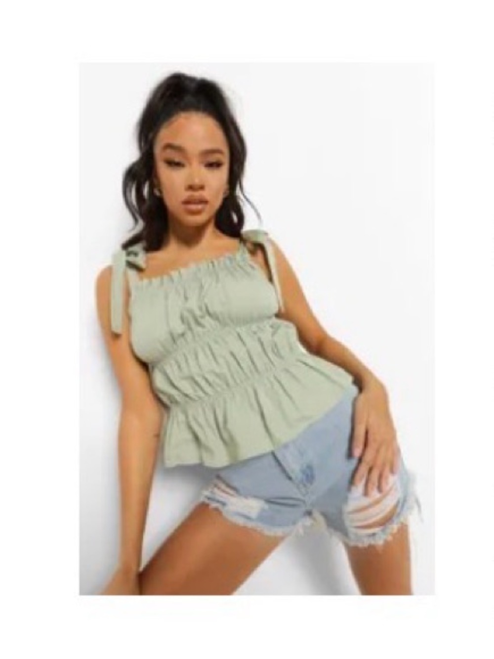 Boohoo Smocked Tie-Strap Peplum Cami in Sage Green Size 6